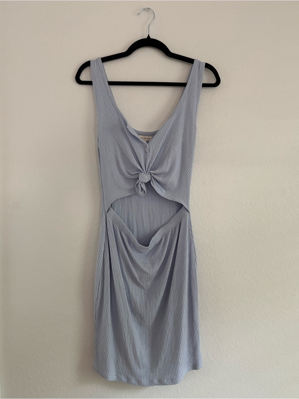 La Hearts Size L Light Blue Ribbed Tie-Front Cutout Button Neck Mini Dress